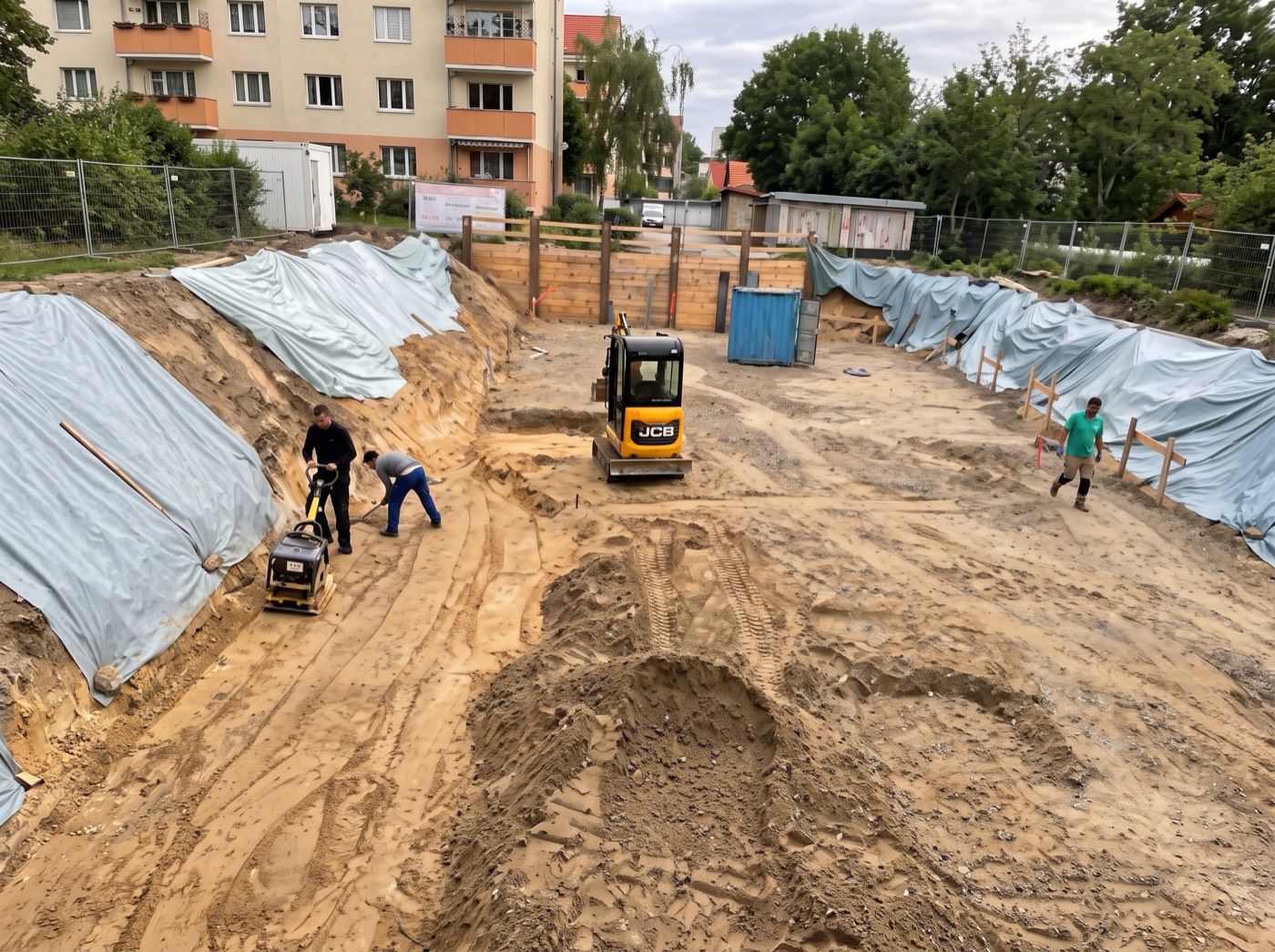 Zachertstraße 31 – Baufeld nach Herrichtung, Erdbau mit Mobilbagger