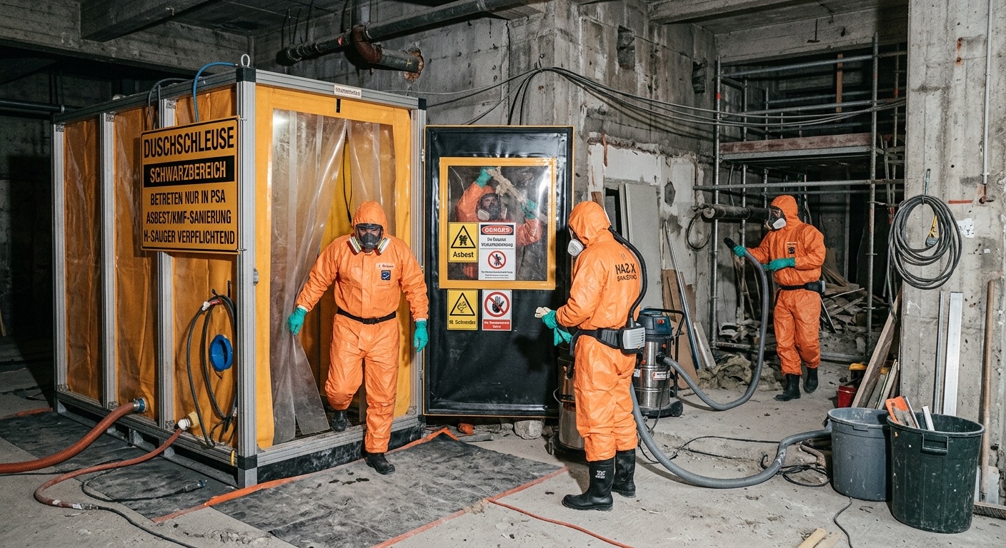 Sanierungsteam an Schleusensystem vor Schwarzbereich im Bestandsgebäude
