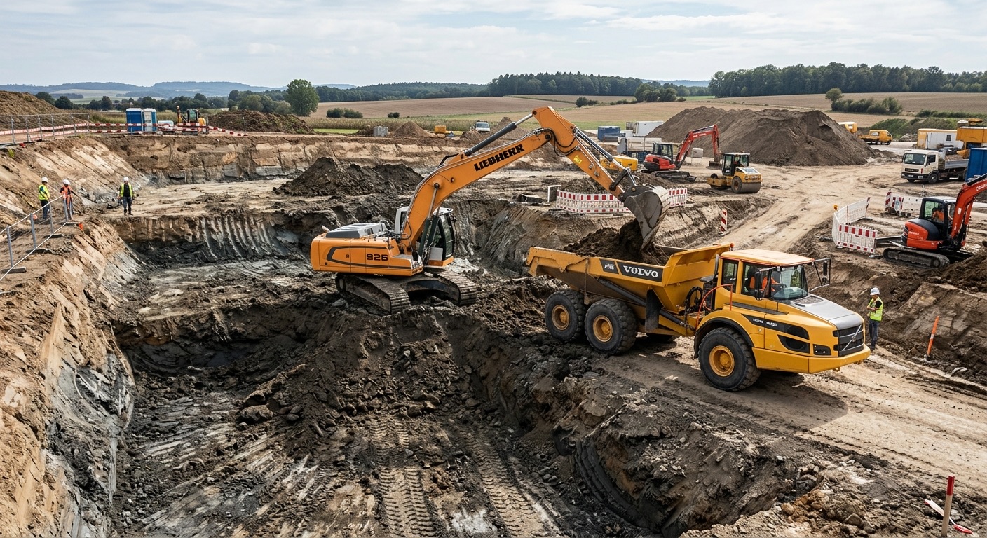 Erdarbeiten mit Bagger und Muldenkipper, Baugrube im Rohzustand