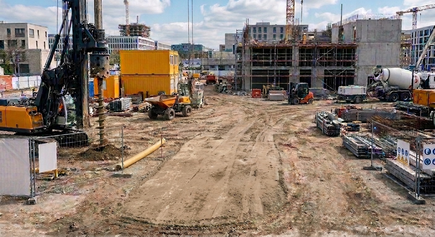 PLP Baustelle mit mehreren Gewerken gleichzeitig im Einsatz, Kettenbagger und Tiefbautechnik