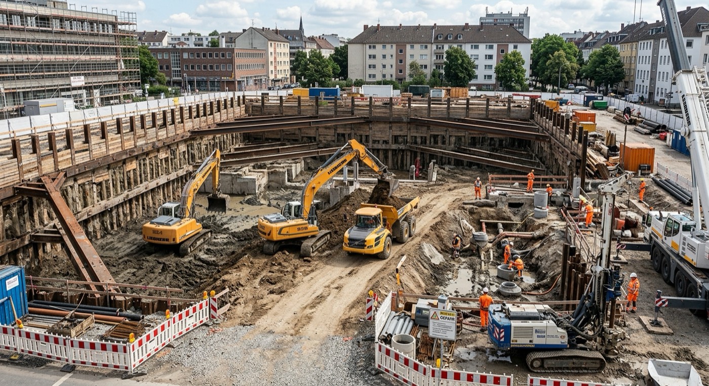Tiefbaustelle mit offener Baugrube und Verbau, Erdbewegung im Gange