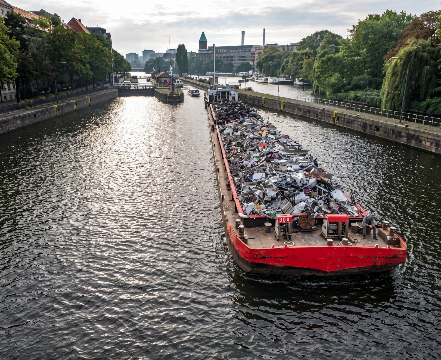 Lastkahn mit Wertstoffen und Abfällen auf einem Berliner Kanal