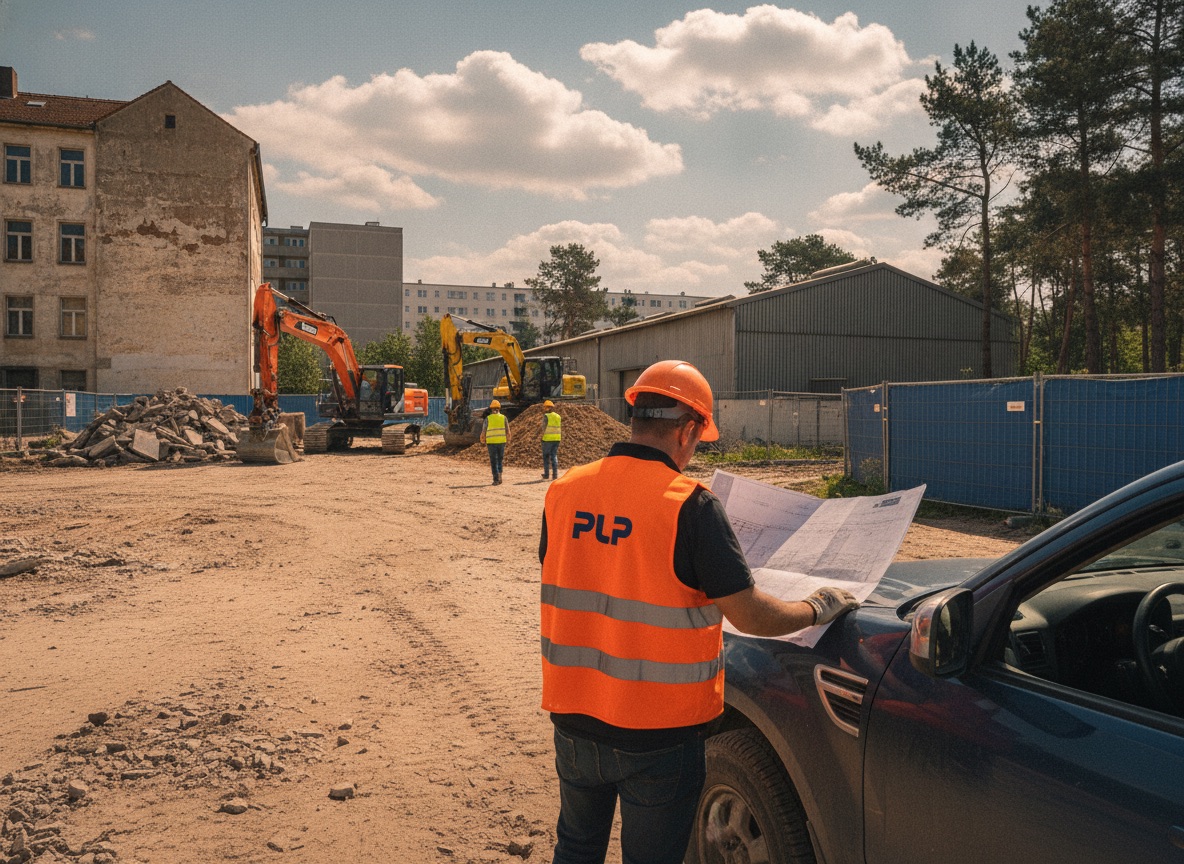 ruhige Baustelle, Bauarbeiter mit Plan