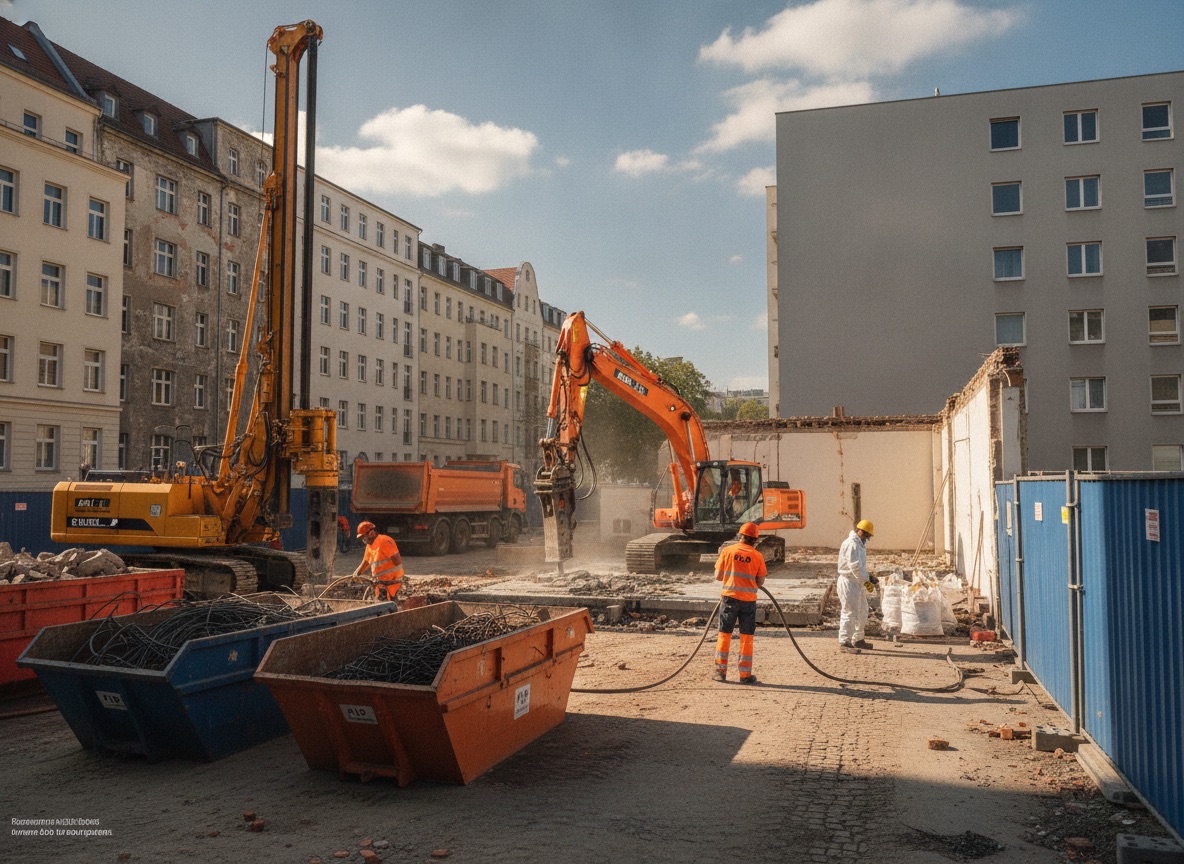 komplexe innerstädtische Baustelle, mehrere Gewerke sichtbar