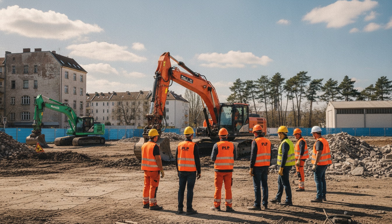 PLP Team auf einer Baustelle, Gruppenaufnahme in Arbeitskleidung