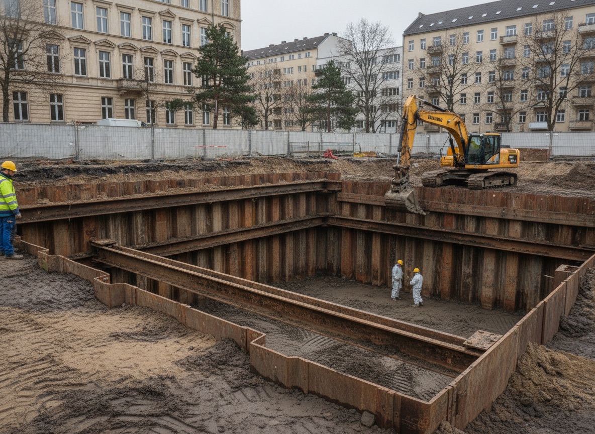 Baugrube mit Verbau und Spundwänden, Spezialtiefbau im Einsatz