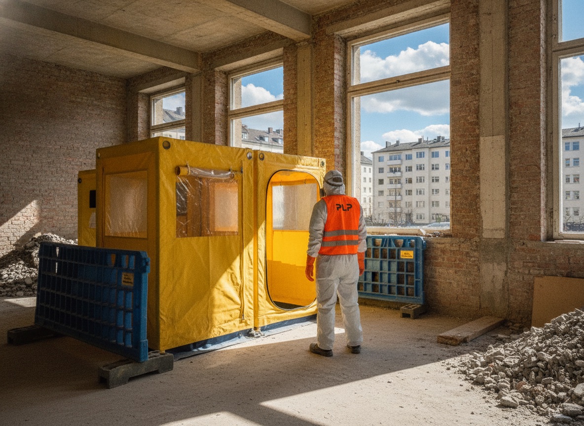 Abgeschotteter Arbeitsbereich mit Schleuse im Bestandsgebäude, Sanierer in Schutzausrüstung