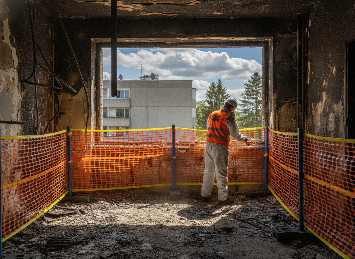 Brandgeschädigtes Bestandsgebäude, verrußte Räume und gesicherter Arbeitsbereich beim Rückbau