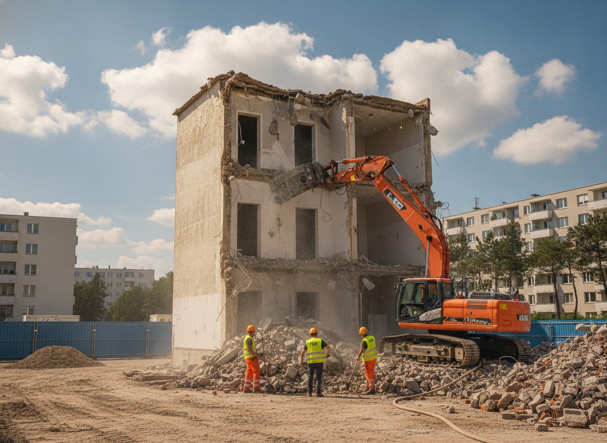 Komplettabbruch Bestandsgebäude, Kettenbagger beim Rückbau bis zur Bodenplatte