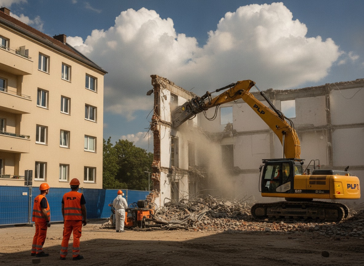 Kontrollierter Teilabbruch am Bestandsgebäude, Abbruchzange nahe angrenzender Bebauung