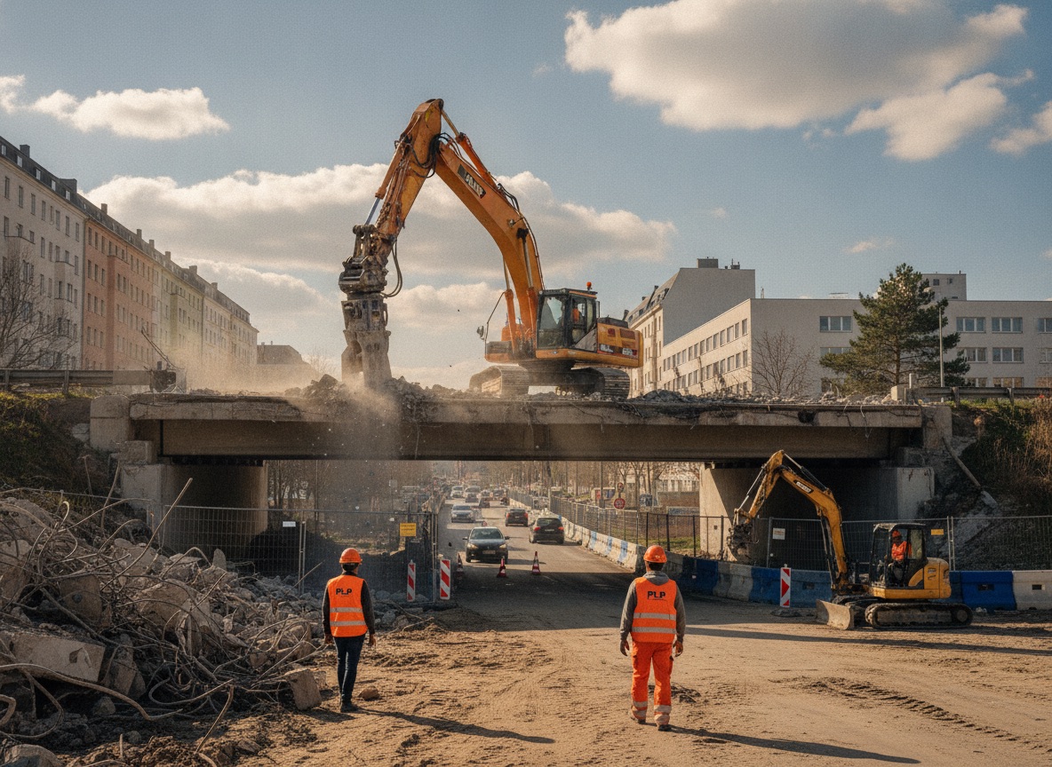 Brückenabbruch, selektiver Rückbau eines Überbaus mit Abbruchbagger nahe Verkehrsachse