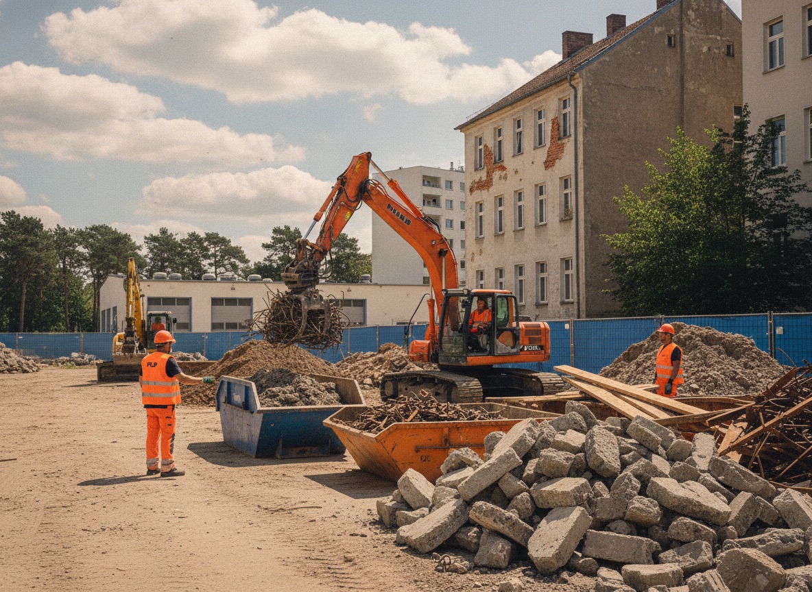Sortenreine Trennung von Metall, Beton und Holz auf einer Rückbaustelle, Container für Stofffraktionen