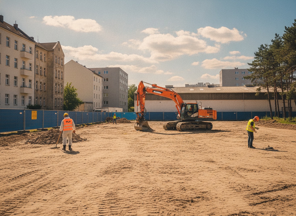 Beräumtes Baufeld nach Rückbau, planierte Fläche bereit für Erschließung