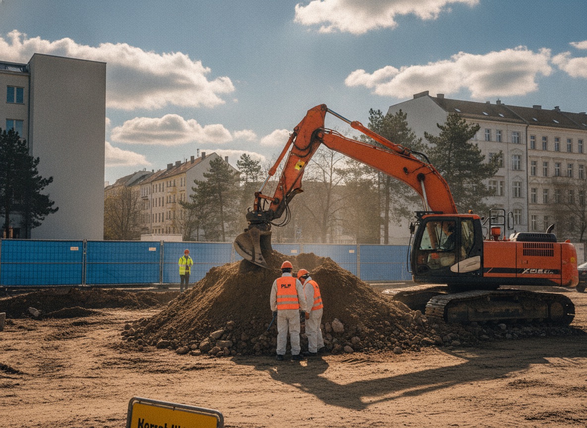 Erdarbeiten auf Baustelle, Kettenbagger beim Aushub neben aufgeschichtetem Bodenmaterial