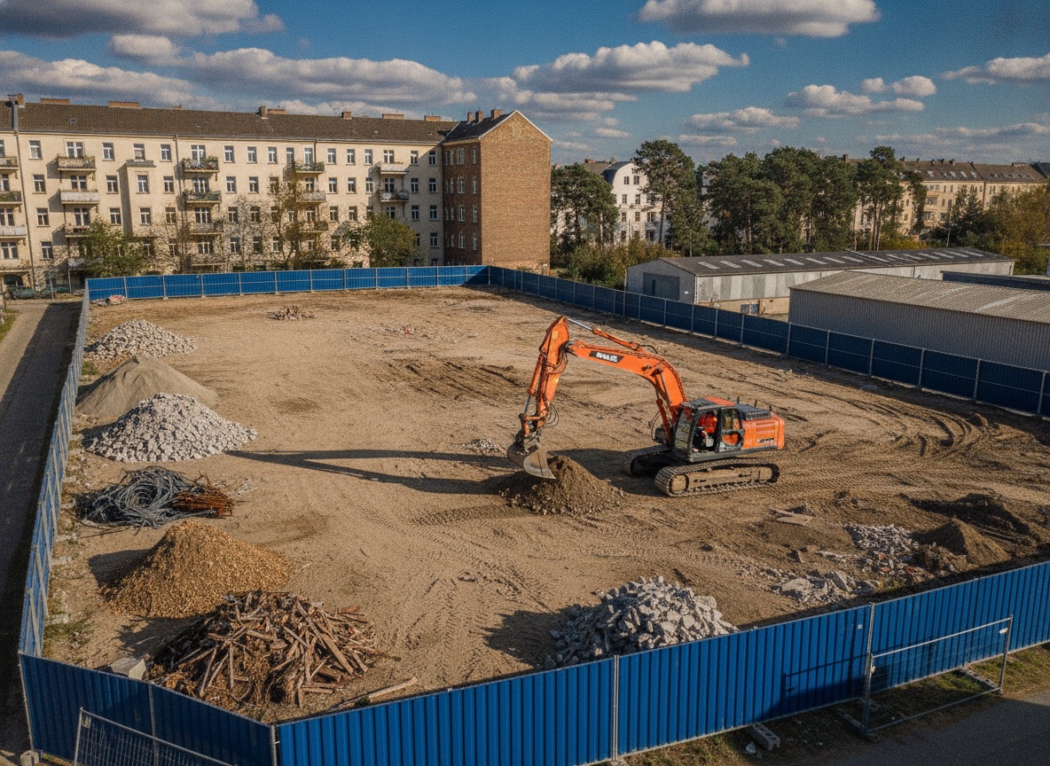 Luftbild eines freigemachten Baufelds mit Kettenbagger