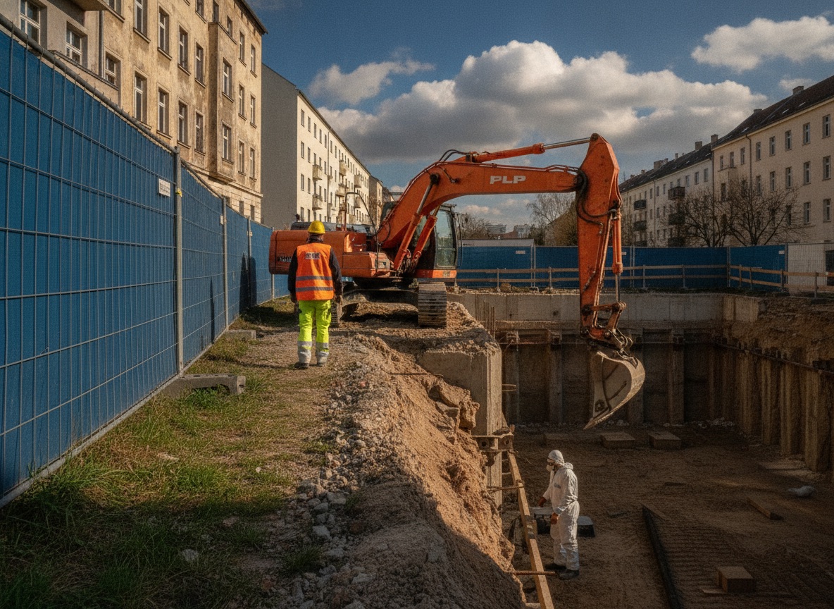 Baugrubensicherung in Berlin – Verbaukonzept mit Schlitzwand oder Spundwand, Verbau einer Baugrube im innerstädtischen Bereich