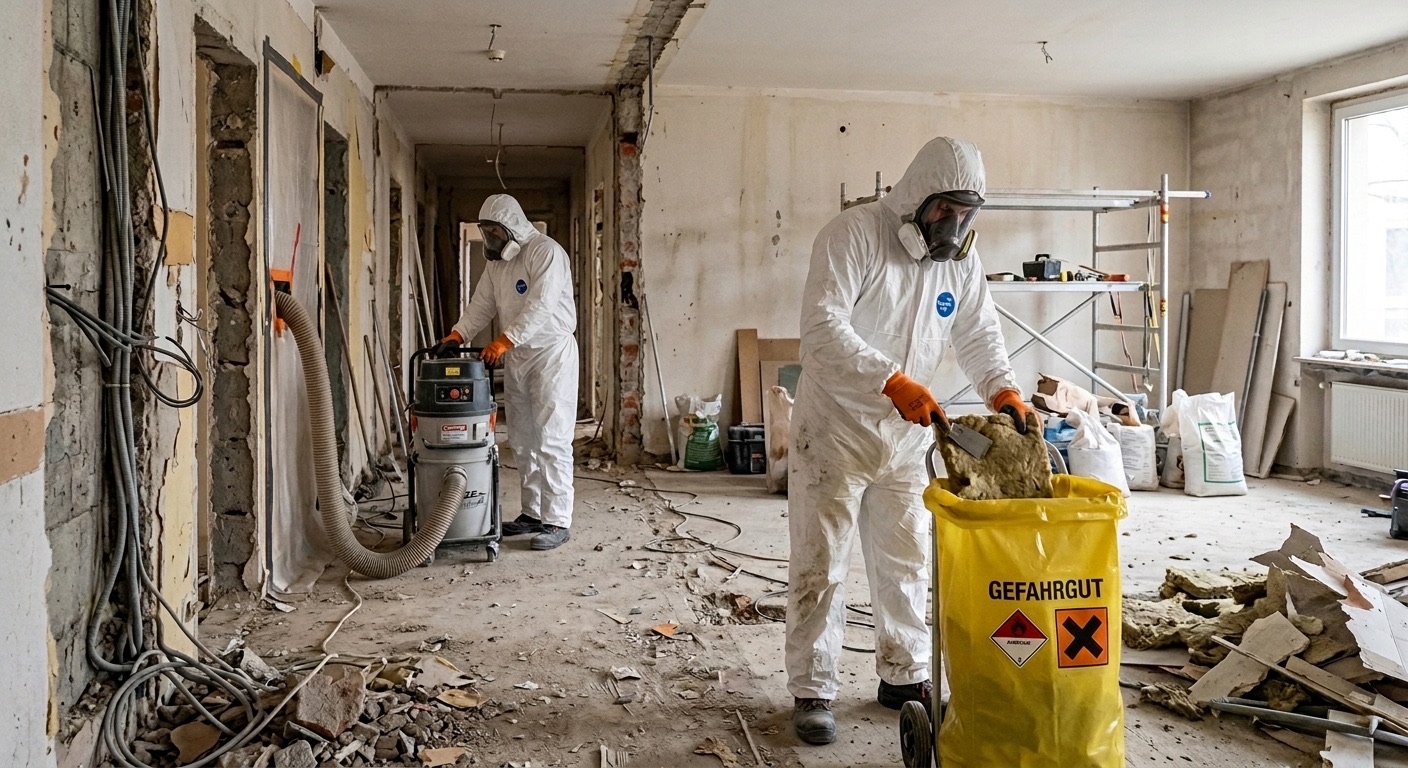 Sanierungsteam an Schleusensystem vor Schwarzbereich, Schutzausrüstung im Einsatz